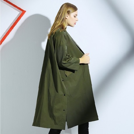 CHIC TURN-DOWN COLLAR THREE QUARTER SLEEVE HEM SLIT LOOSE WOMEN WIND COAT (ARMY GREEN, SIZ