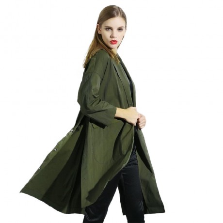 CHIC TURN-DOWN COLLAR THREE QUARTER SLEEVE HEM SLIT LOOSE WOMEN WIND COAT (ARMY GREEN, SIZ