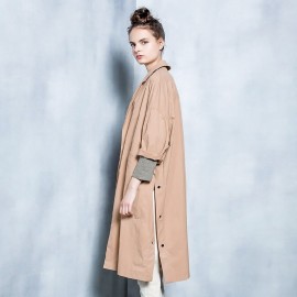 CHIC TURN-DOWN COLLAR THREE QUARTER SLEEVE HEM SLIT LOOSE WOMEN WIND COAT (LIGHT KHAKI, SI