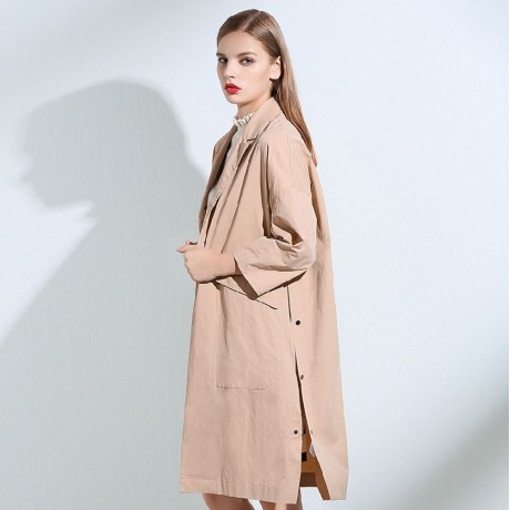 CHIC TURN-DOWN COLLAR THREE QUARTER SLEEVE HEM SLIT LOOSE WOMEN WIND COAT (LIGHT KHAKI, SI