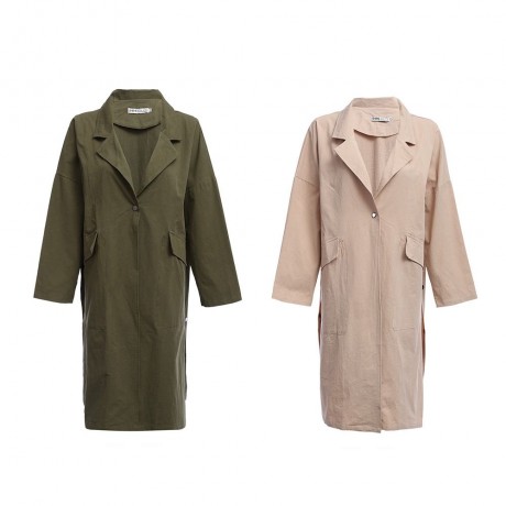 CHIC TURN-DOWN COLLAR THREE QUARTER SLEEVE HEM SLIT LOOSE WOMEN WIND COAT (LIGHT KHAKI, SI