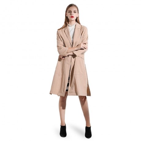 CHIC TURN-DOWN COLLAR THREE QUARTER SLEEVE HEM SLIT LOOSE WOMEN WIND COAT (LIGHT KHAKI, SI