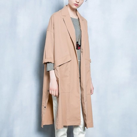 CHIC TURN-DOWN COLLAR THREE QUARTER SLEEVE HEM SLIT LOOSE WOMEN WIND COAT (LIGHT KHAKI, SI