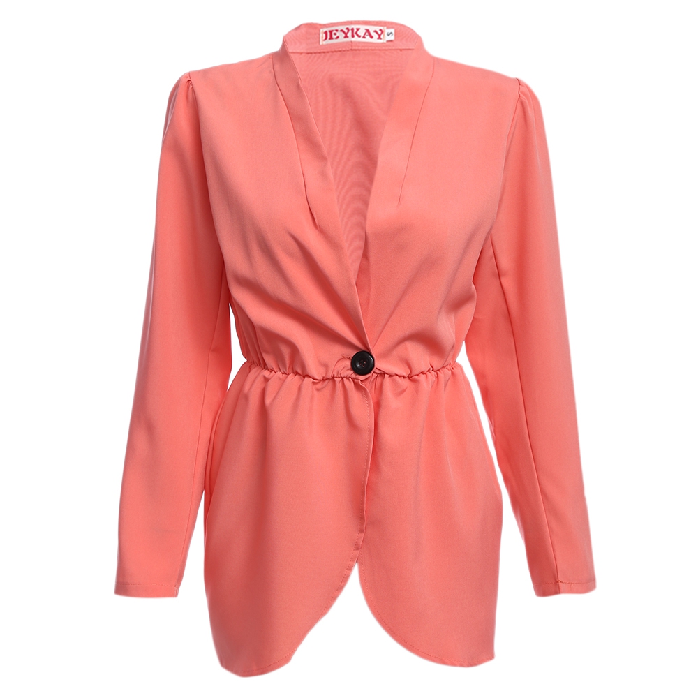 CHIC COLLARLESS LONG SLEEVE WAIST BUTTON DESIGN PURE COLOR WOMEN COAT (BRIGHT RED ORANGE, 