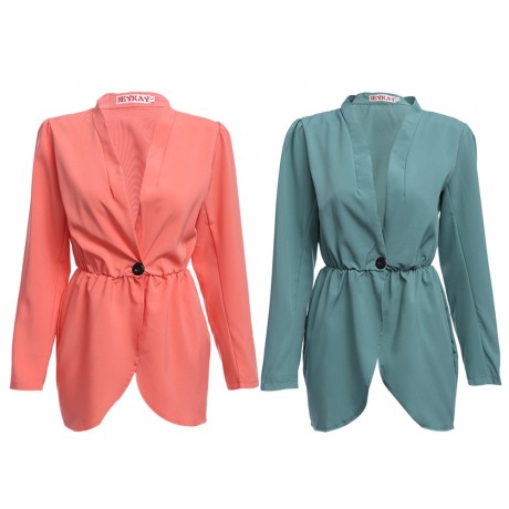 CHIC COLLARLESS LONG SLEEVE WAIST BUTTON DESIGN PURE COLOR WOMEN COAT (BRIGHT RED ORANGE, 