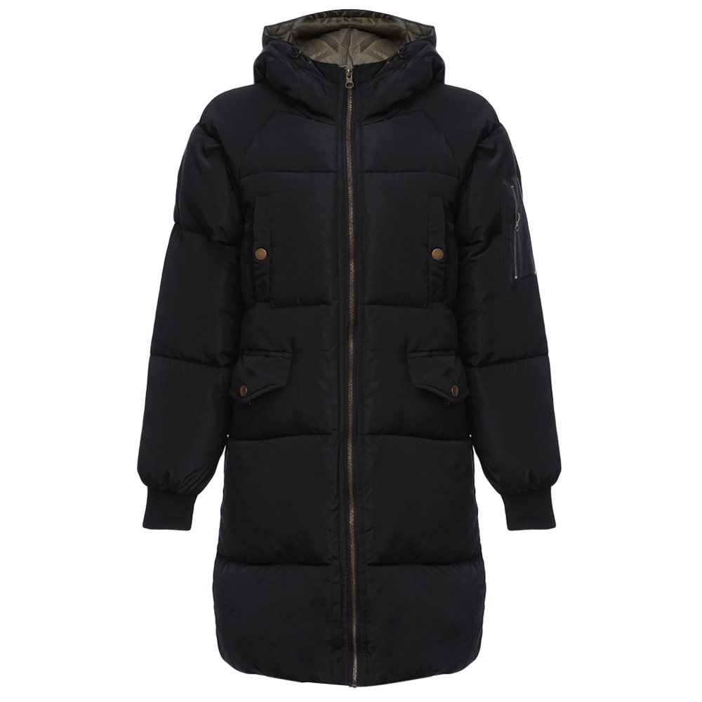 TRENDY HOODED POCKET DESIGN PADDED COAT FOR WOMEN (BLACK, SIZE M/L/XL/2XL)