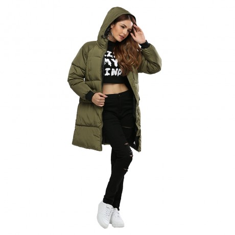 TRENDY HOODED POCKET DESIGN PADDED COAT FOR WOMEN (ARMY GREEN, SIZE M/L/XL/2XL)