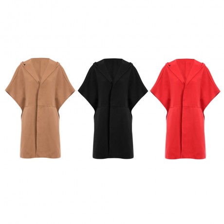 CHIC HOODED BAT WING SLEEVE PURE COLOR SLIT DESIGN WOOLEN WOMEN OVERCOAT (LIGHT KHAKI, SIZ