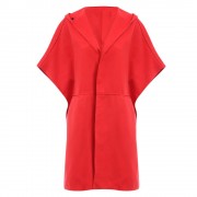 CHIC HOODED BAT WING SLEEVE PURE COLOR SLIT DESIGN WOOLEN WOMEN OVERCOAT (WATERMELON RED, 