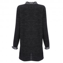 TRENDY ROUND COLLAR LONG SLEEVE TASSELS SPLICED LOOSE WARM CARDIGAN FOR LADIES (BLACK, SIZ