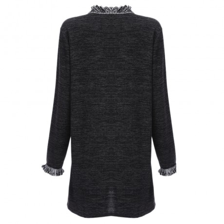 TRENDY ROUND COLLAR LONG SLEEVE TASSELS SPLICED LOOSE WARM CARDIGAN FOR LADIES (BLACK, SIZ