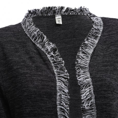 TRENDY ROUND COLLAR LONG SLEEVE TASSELS SPLICED LOOSE WARM CARDIGAN FOR LADIES (BLACK, SIZ