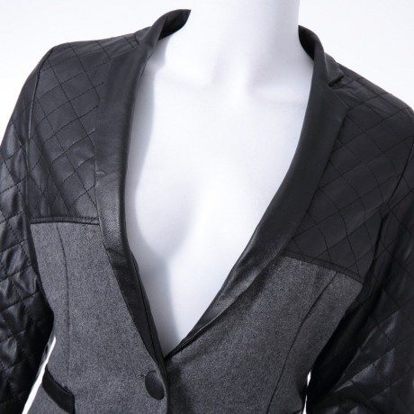 CASUAL STYLE V-NECK SPLICING CHECK LONG SLEEVE COAT FOR WOMEN (BLACK, SIZE M/L)