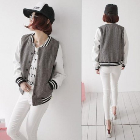 CASUAL STYLE STAND COLLAR COLOR SPLICING LOGO PATCH DESIGN SINGLE-BREASTED LONG SLEEVES CO