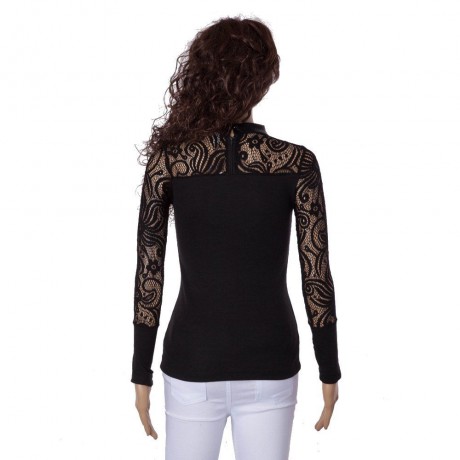 STYLISH JEWEL NECK LONG SLEEVE SPLICED HOLLOW OUT WOMEN'S KNITWEAR (BLACK, SIZE S/M)