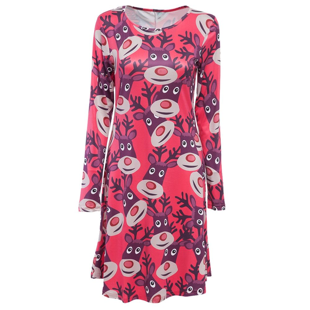 ROUND COLLAR LONG SLEEVE DEER PRINT A-LINE CHRISTMAS SWING DRESS FOR LADIES (RED, SIZE S/M