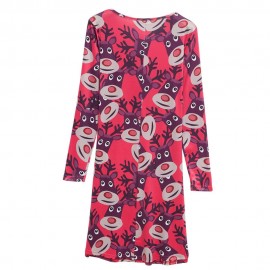 ROUND COLLAR LONG SLEEVE DEER PRINT A-LINE CHRISTMAS SWING DRESS FOR LADIES (RED, SIZE S/M