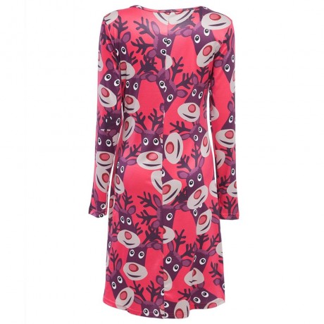 ROUND COLLAR LONG SLEEVE DEER PRINT A-LINE CHRISTMAS SWING DRESS FOR LADIES (RED, SIZE S/M