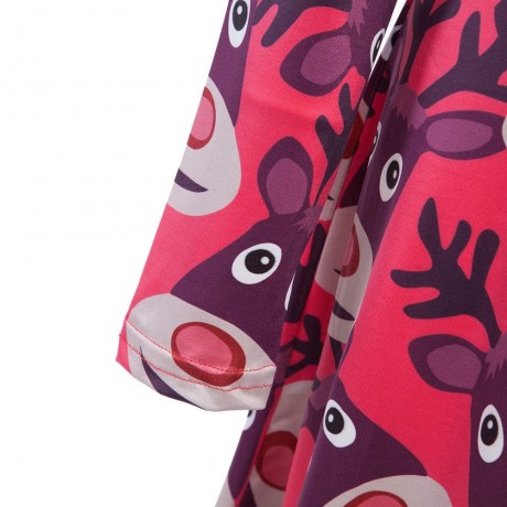 ROUND COLLAR LONG SLEEVE DEER PRINT A-LINE CHRISTMAS SWING DRESS FOR LADIES (RED, SIZE S/M