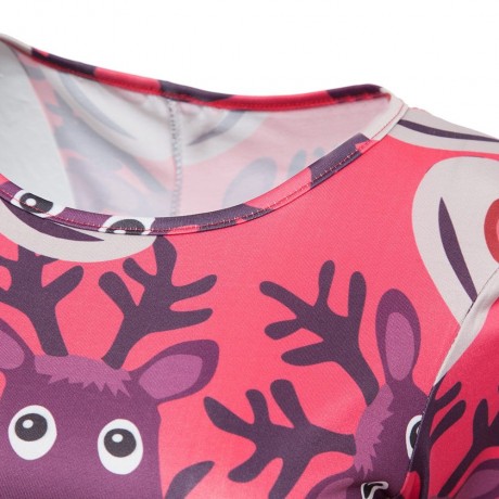 ROUND COLLAR LONG SLEEVE DEER PRINT A-LINE CHRISTMAS SWING DRESS FOR LADIES (RED, SIZE S/M