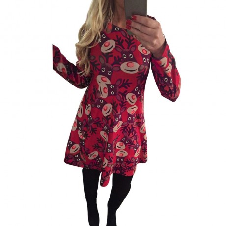 ROUND COLLAR LONG SLEEVE DEER PRINT A-LINE CHRISTMAS SWING DRESS FOR LADIES (RED, SIZE S/M