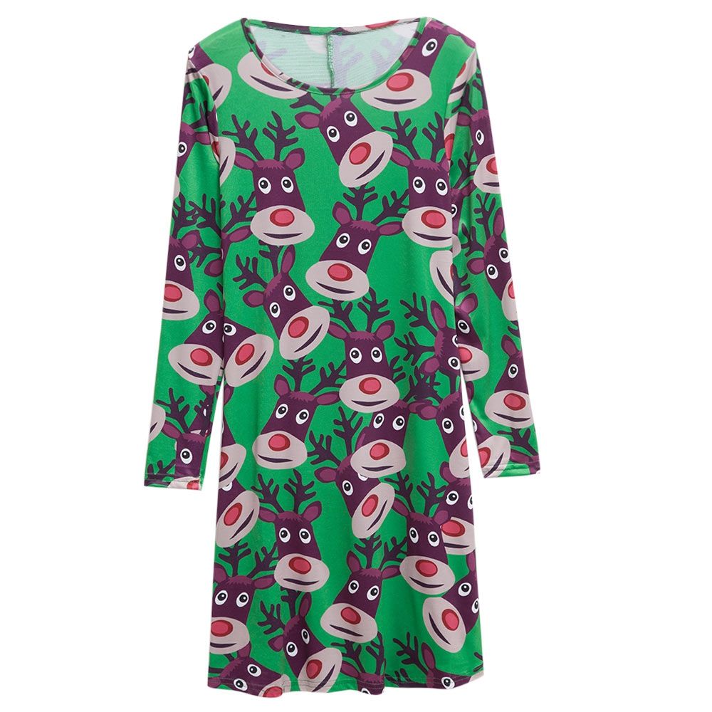 ROUND COLLAR LONG SLEEVE DEER PRINT A-LINE CHRISTMAS SWING DRESS FOR LADIES (GREEN, SIZE S ROUND COLLAR LONG SLEEVE DEER PRINT A-LINE CHRISTMAS SWING DRESS FOR LADIES (GREEN, SIZE S