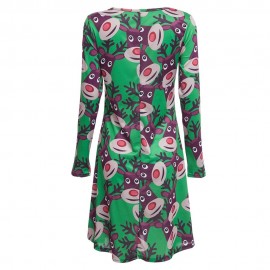 ROUND COLLAR LONG SLEEVE DEER PRINT A-LINE CHRISTMAS SWING DRESS FOR LADIES (GREEN, SIZE S