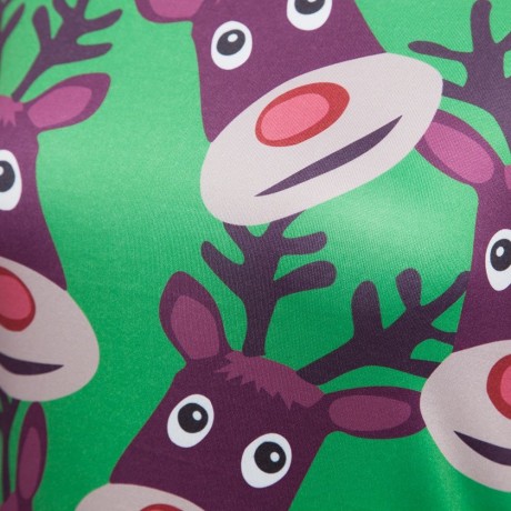 ROUND COLLAR LONG SLEEVE DEER PRINT A-LINE CHRISTMAS SWING DRESS FOR LADIES (GREEN, SIZE S