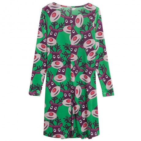 ROUND COLLAR LONG SLEEVE DEER PRINT A-LINE CHRISTMAS SWING DRESS FOR LADIES (GREEN, SIZE S