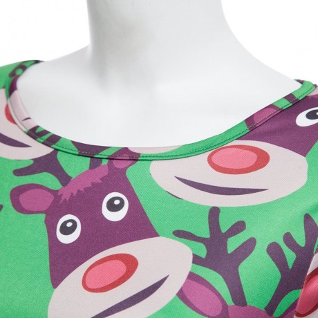 ROUND COLLAR LONG SLEEVE DEER PRINT A-LINE CHRISTMAS SWING DRESS FOR LADIES (GREEN, SIZE S