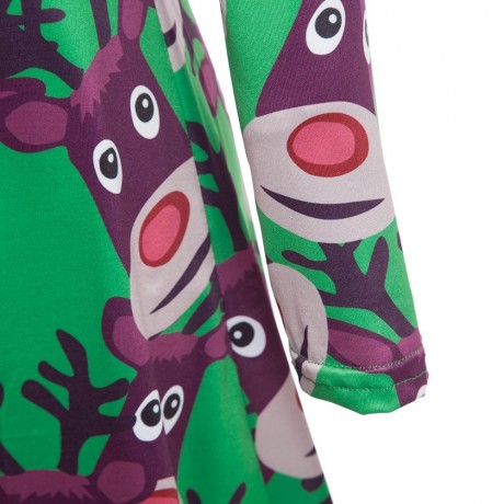 ROUND COLLAR LONG SLEEVE DEER PRINT A-LINE CHRISTMAS SWING DRESS FOR LADIES (GREEN, SIZE S