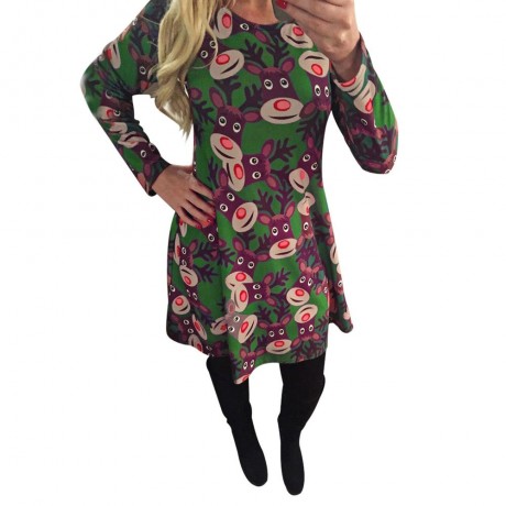 ROUND COLLAR LONG SLEEVE DEER PRINT A-LINE CHRISTMAS SWING DRESS FOR LADIES (GREEN, SIZE S