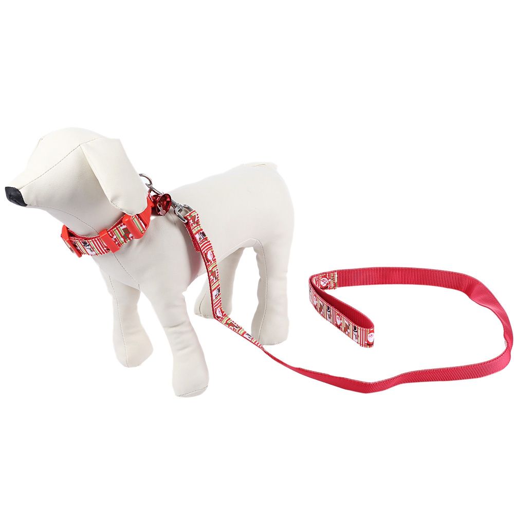 2PCS CHRISTMAS PATTERN PET NYLON LEADING LEASH DOG COLLAR WITH TINKLING BELL (RED)