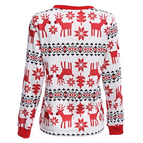 CHRISTMAS CASUAL ROUND COLLAR LONG SLEEVE DEER PRINT BLOUSE FOR LADIES (RED, SIZE S/M/L/XL