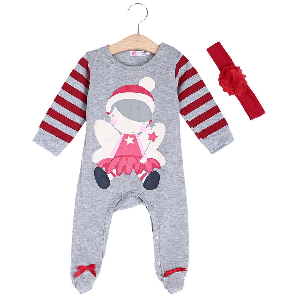 CUTE ROUND COLLAR CARTOON PRINT STRIPED UNISEX SLEEPER WITH HAIR BAND FOR BABIES (SIZE 70/ CUTE ROUND COLLAR CARTOON PRINT STRIPED UNISEX SLEEPER WITH HAIR BAND FOR BABIES (SIZE 70/