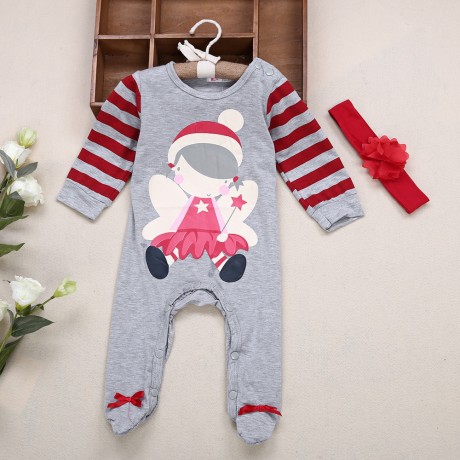 CUTE ROUND COLLAR CARTOON PRINT STRIPED UNISEX SLEEPER WITH HAIR BAND FOR BABIES (SIZE 70/