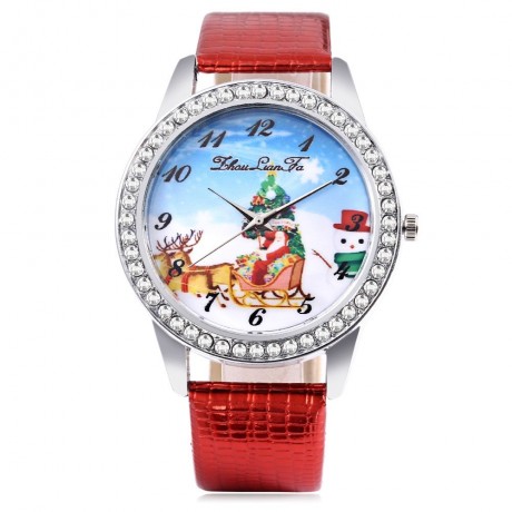 ZHOULIANFA FEMALE QUARTZ WATCH ARTIFICIAL DIAMOND CHRISTMAS SANTA PATTERN DIAL LEATHER BAN