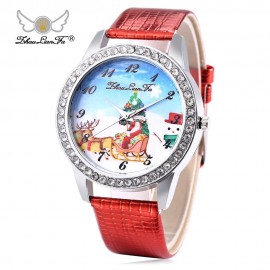 ZHOULIANFA FEMALE QUARTZ WATCH ARTIFICIAL DIAMOND CHRISTMAS SANTA PATTERN DIAL LEATHER BAN