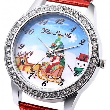 ZHOULIANFA FEMALE QUARTZ WATCH ARTIFICIAL DIAMOND CHRISTMAS SANTA PATTERN DIAL LEATHER BAN