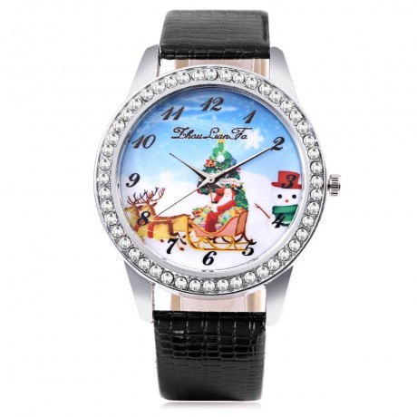 ZHOULIANFA FEMALE QUARTZ WATCH ARTIFICIAL DIAMOND CHRISTMAS SANTA PATTERN DIAL LEATHER BAN