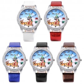 ZHOULIANFA FEMALE QUARTZ WATCH ARTIFICIAL DIAMOND CHRISTMAS SANTA PATTERN DIAL LEATHER BAN