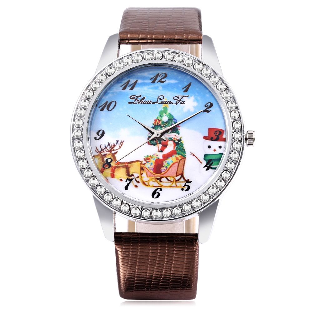 ZHOULIANFA FEMALE QUARTZ WATCH ARTIFICIAL DIAMOND CHRISTMAS SANTA PATTERN DIAL LEATHER BAN