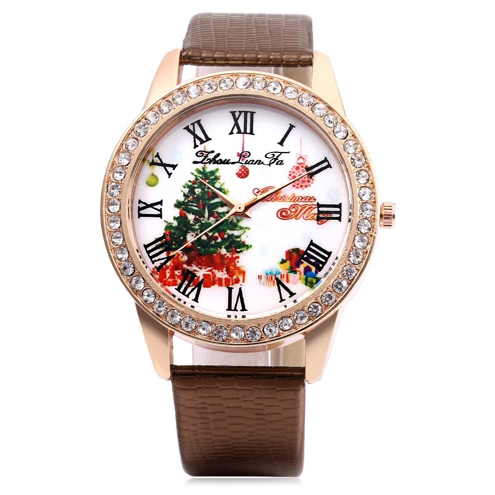 ZHOULIANFA FEMALE QUARTZ WATCH ARTIFICIAL DIAMOND CHRISTMAS TREE PATTERN DIAL LEATHER BAND
