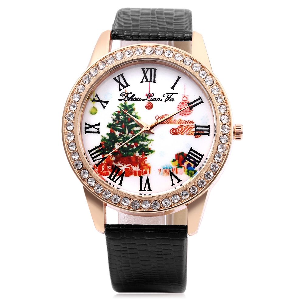 ZHOULIANFA FEMALE QUARTZ WATCH ARTIFICIAL DIAMOND CHRISTMAS TREE PATTERN DIAL LEATHER BAND