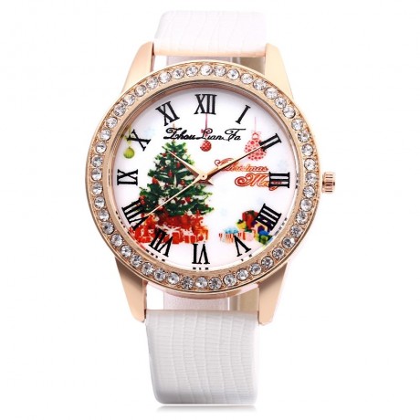 ZHOULIANFA FEMALE QUARTZ WATCH ARTIFICIAL DIAMOND CHRISTMAS TREE PATTERN DIAL LEATHER BAND