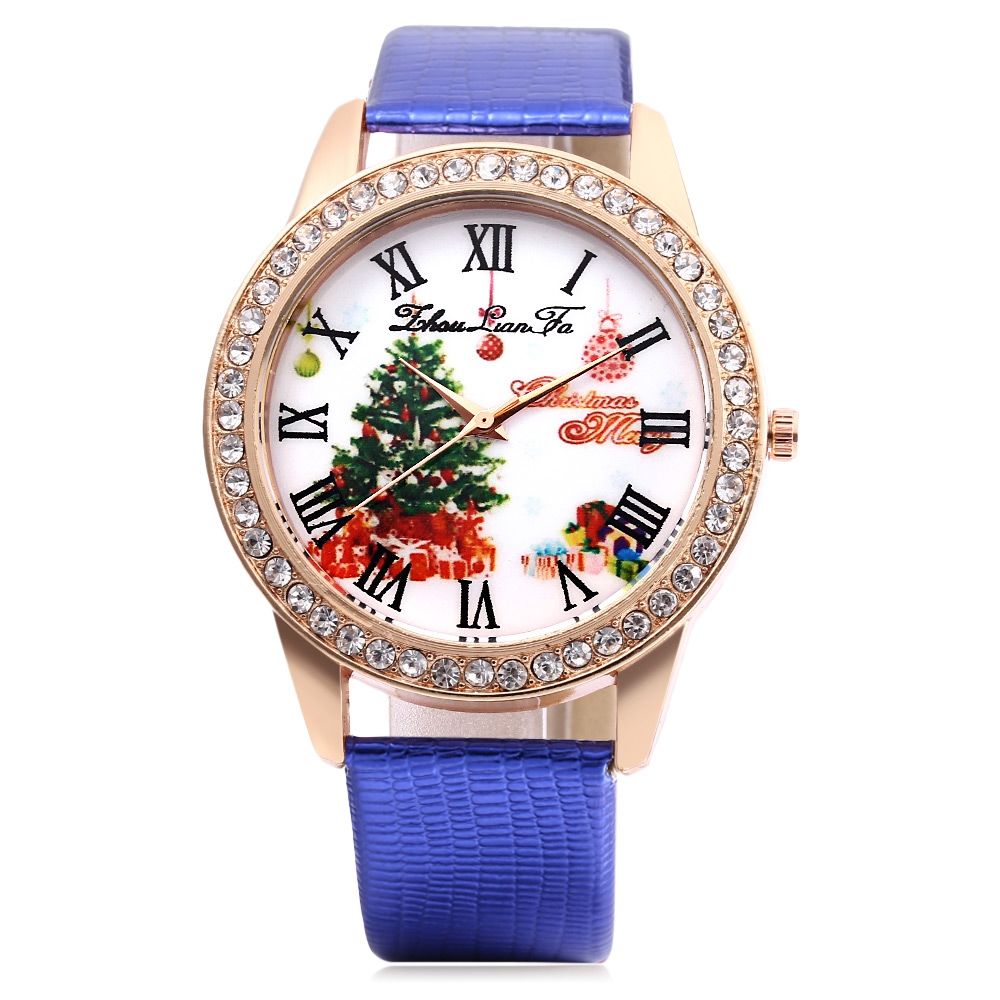 ZHOULIANFA FEMALE QUARTZ WATCH ARTIFICIAL DIAMOND CHRISTMAS TREE PATTERN DIAL LEATHER BAND