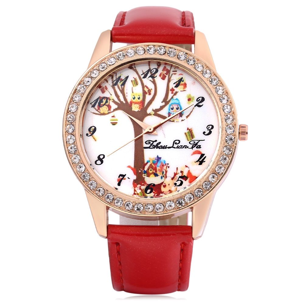 ZHOULIANFA FEMALE QUARTZ WATCH ARTIFICIAL DIAMOND CHRISTMAS THEME DIAL LEATHER BAND WRISTW