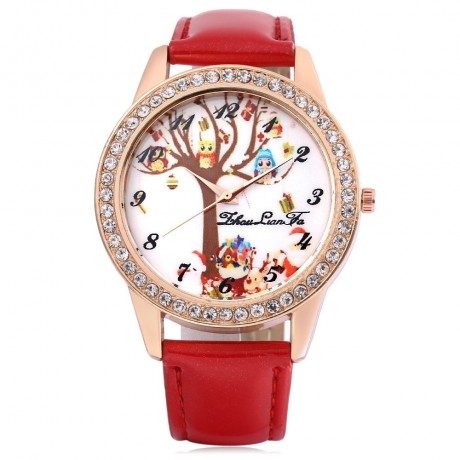 ZHOULIANFA FEMALE QUARTZ WATCH ARTIFICIAL DIAMOND CHRISTMAS THEME DIAL LEATHER BAND WRISTW
