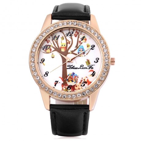 ZHOULIANFA FEMALE QUARTZ WATCH ARTIFICIAL DIAMOND CHRISTMAS THEME DIAL LEATHER BAND WRISTW