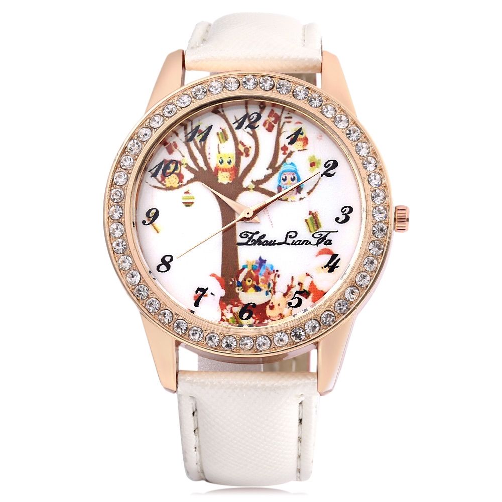 ZHOULIANFA FEMALE QUARTZ WATCH ARTIFICIAL DIAMOND CHRISTMAS THEME DIAL LEATHER BAND WRISTW